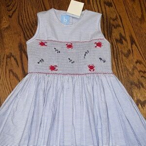 Bella Bliss girls seersucker smocked dress with embroidered anchors & crabs NWT